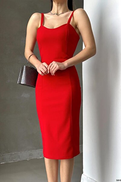 Deafox Red Heart Collar Thick Strap Crepe Fabric Pencil Dress