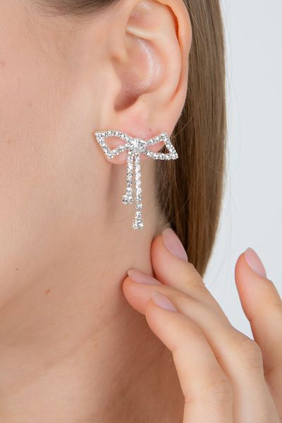 Furtek Aksesuar Women's Minimal Dangle Bow Ribbon Zircon Earrings Trend Elegant Wedding Engagement Glitter