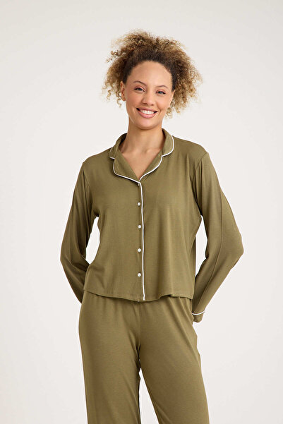 No52 HomeWear 90% Cotton 10% Elastane Oil Green Color Premium Quality Women's Pajama Set