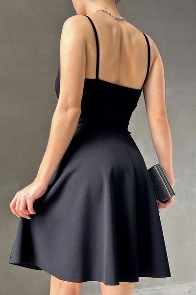 Deafox Crepe Fabric Black Thin Strap Flared Dress