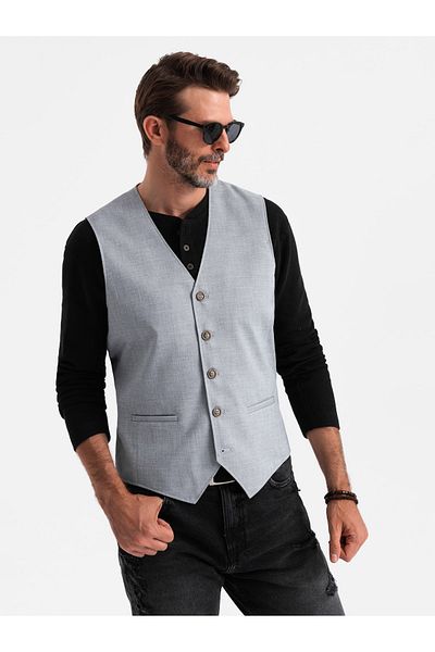 OMBRE Herren Jacquard Anzugweste ohne Revers - hellgrau V1 OM-BLZV-0106 XL