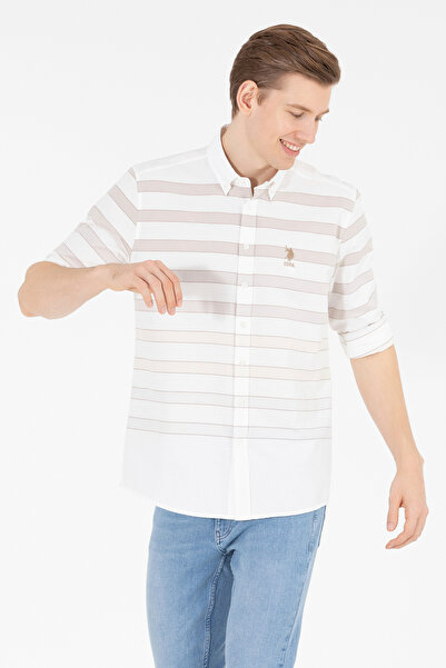 U.S. Polo Assn. Ανδρικό ριγέ λευκό πουκάμισο 50264086 -VR049