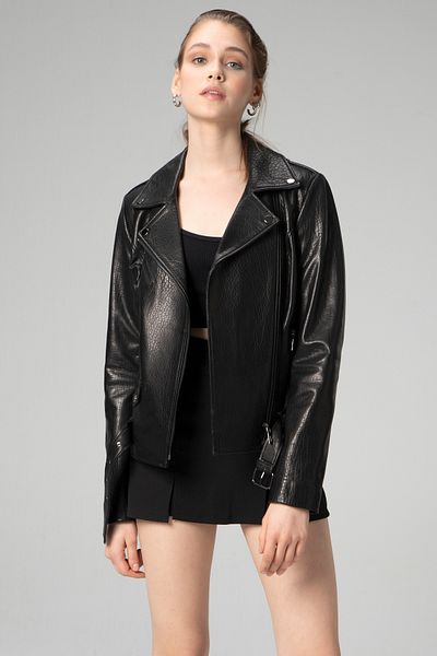 Dericlub Scarlett Women - Black Genuine Leather Jumbo Biker Coat