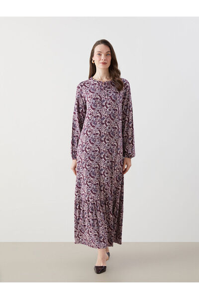 LC Waikiki Φόρεμα Mürdüm Με δέσιμο Yaka Με σχέδιο