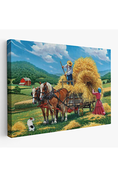 Dropcek eticaret At Arabasına Saman Yükleyen Köylüler Duvar Tablosu-6531