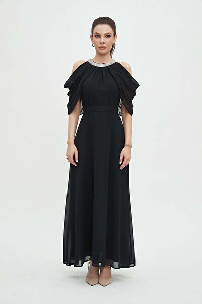 mica فستان ماكسي سادة بدون أكتاف مع تفاصيل كشكشة