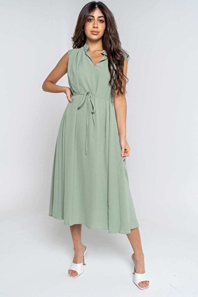 mica Sleeveless Plain Midi Dress with Waist Tie