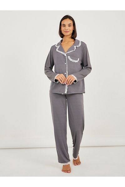 Styli Rib Lace Trim Pocket Shirt & Pyjama Set