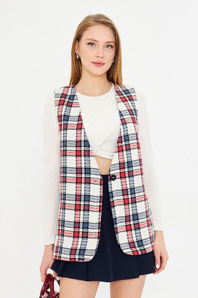 armonika Women's Red V-Neck Single Button Oversize Plaid Vest Arm-25K 001111