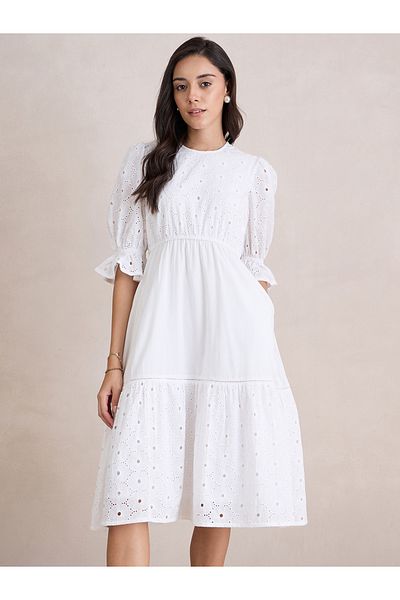 Styli Cotton Schiffli Tiered Midi Dress