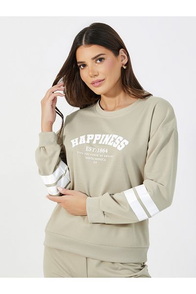Styli Slogan Print Double Stipe Sweatshirt & Joggers Pyjama Set