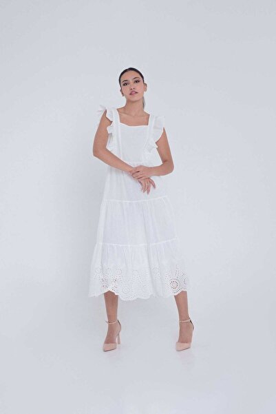 mica فستان ميدي بأشرطة عريضة وكشكشة وفتحة رقبة مربعة