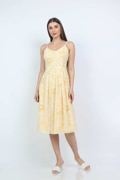 mica Floral Print Midi Dress with Straps and Gathered Waist