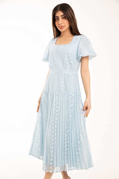 mica فستان ميدي قصير الأكمام منفوخ مع رقبة مربعة