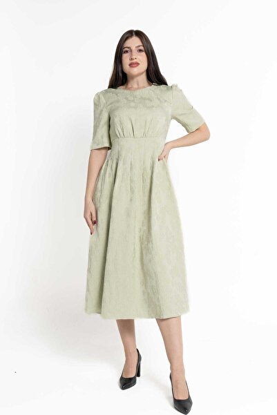 mica Plain Midi Dress with Short Sleeves and Waist Detail
