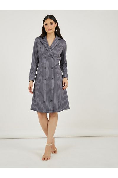 Styli Striped Double Breasted Blazer Knee Length Dress