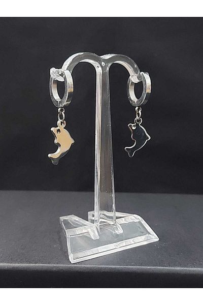 sarıyer silver Dolphin Figured Fish Model Steel Dangle Hoop Earrings
