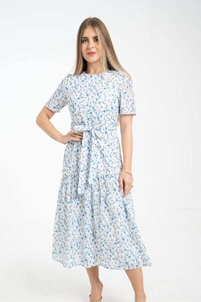 mica Waist-Cinched Midi Dress with Short Sleeves