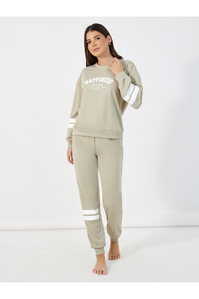 Styli Slogan Print Double Stipe Sweatshirt & Joggers Pyjama Set