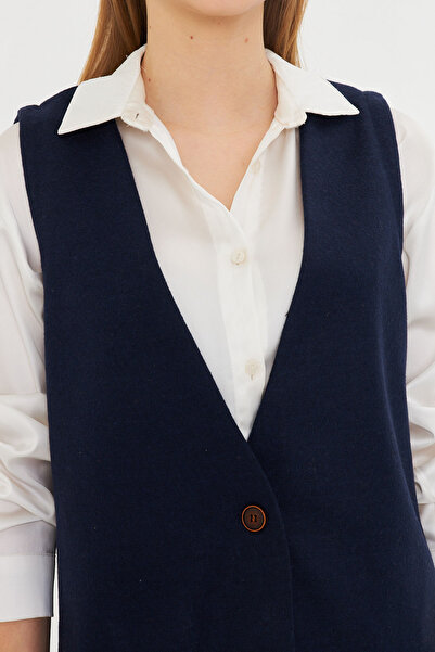 armonika Women's Navy Blue V-Neck Single Button Oversize Print Vest Arm-25K 001110