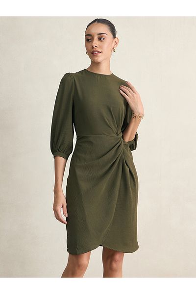Styli Knot Detail Wrap Front Knee Length Dress