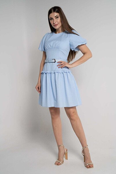 mica Knee-Length Plain Women's Dress with Short Sleeves and Waistline