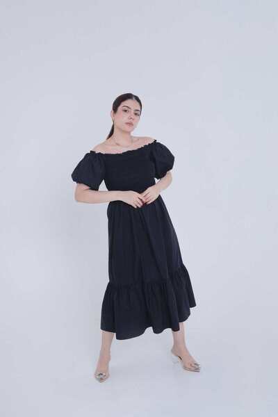 mica Off-Shoulder Midi Dress with Short Puff Sleeves