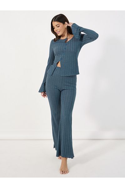 Styli Asymmetric Neck Rib Front Slit Top & Flared Pants Pyjama Set