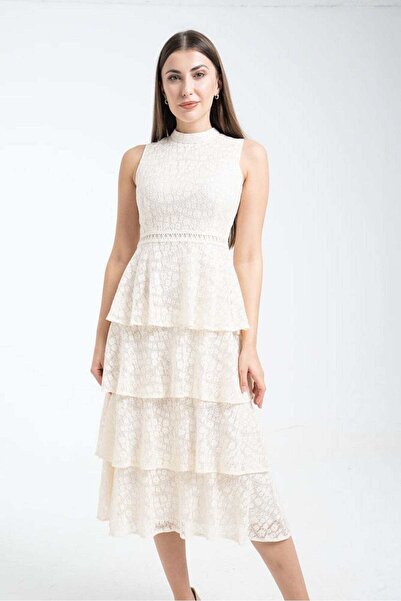 mica فستان نسائي متوسط الطول بقصّة ملائمة وحاشية مكشكشة