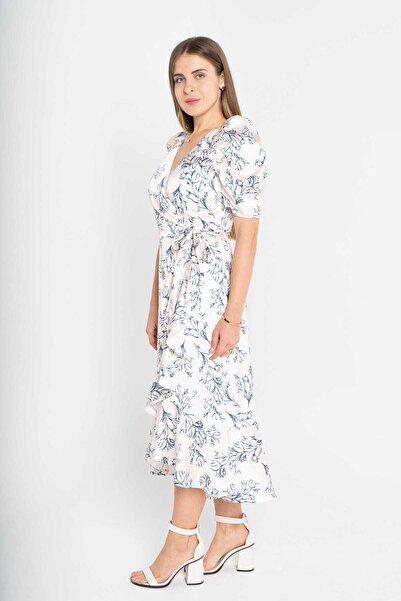 mica فستان ميدي بأكمام قصيرة ورقبة على شكل حرف V