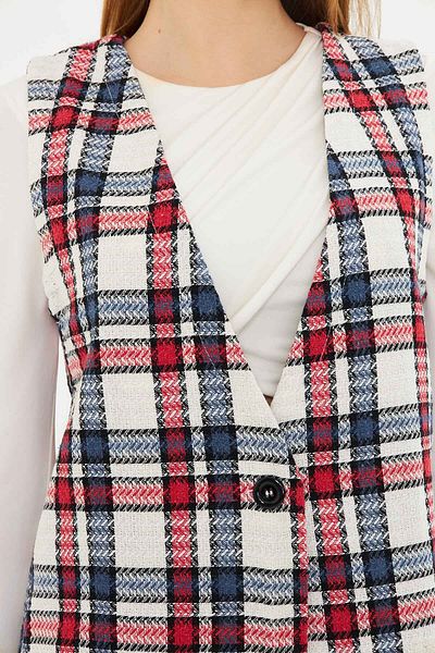 armonika Women's Red V-Neck Single Button Oversize Plaid Vest Arm-25K 001111