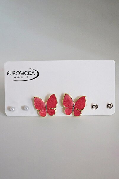 EUROMODA Kelebek Tasarımlı Sedefli Mineli Parlak Taşlı Vidalı Küpe