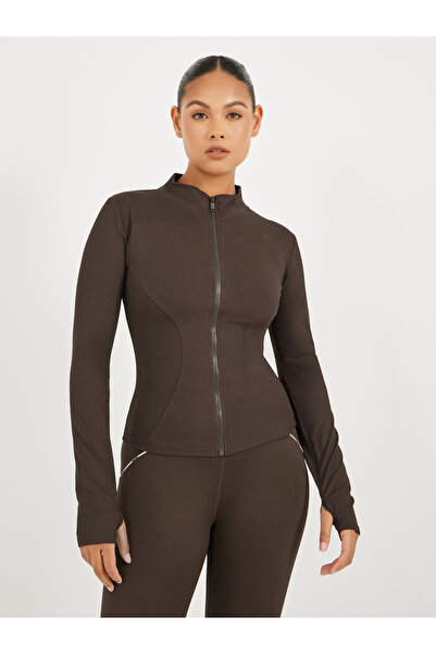 Styli سترة بسحاب مع تفاصيل فتحة الإبهام ذات نسيج مضلع