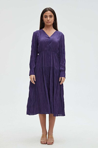 mica فستان ميدي سادة بأكمام طويلة وكشكشة