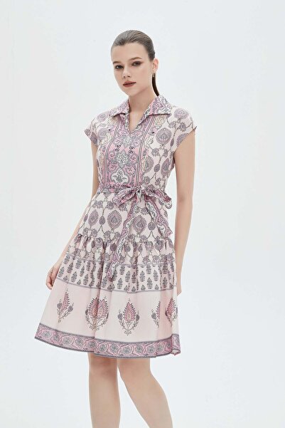 mica Knee-Length Printed Women's Dress with Short Sleeves and Shirt Collar