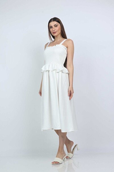 mica فستان ميدي سادة بأشرطة بسيطة وخصر وصدر مكشكشين