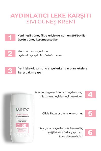 SİNOZ SPF50 Pink Touch – Gesichts-Sonnenschutz, aufhellende Flüssigkeit, Sonnenfilter der neuen Generation, Hybrid-Formel 50 ml