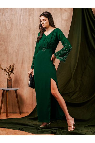 Mish By Styli Beaded Georgette Maxi Dress with Slit Hem