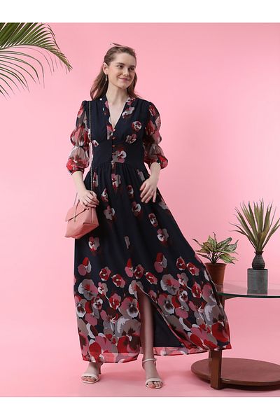 Mish By Styli Floral Print Asymmetric Hem Wrap Style Maxi Dress