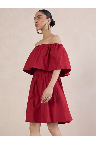 Styli Poplin Off Shoulder Neck A-Line Mini Dress