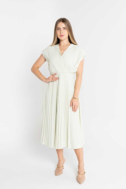 mica Plain Midi Dress with Pleats and Waist Detail