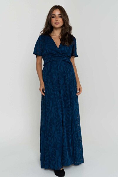 mica فستان ماكسي نسائي بأكمام قصيرة ورقبة على شكل حرف V وتفاصيل عند الخصر