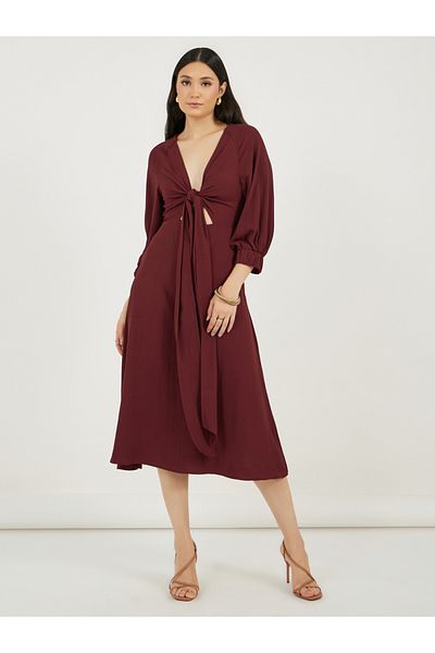 Styli Deep V Neck A-Line Midi Dress with Tie Up Detail