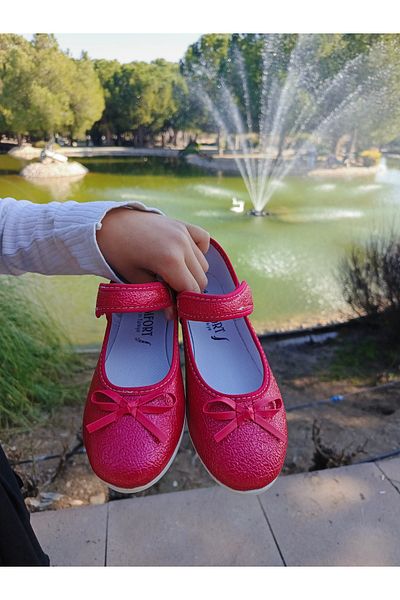 NewOneMall Girl's Bow Detail Velcro Comfortable Orthopedic Sole Ballerina Shoes