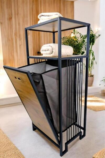 Digithome Metal Kirli Sepetli 2 Raflı Çamaşır Sepeti Çamaşırlık Atlantik Çam HMRS-003