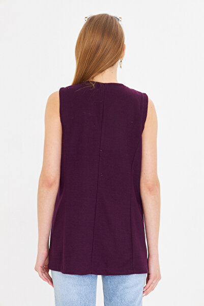 armonika Kadın Mor V Yaka Tek Düğmeli Oversize Desenli Yelek ARM-25K001110