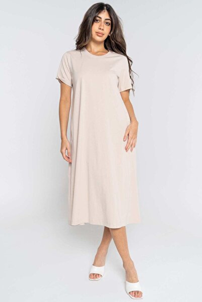 mica Plain Midi Dress with Short Sleeves and Pockets