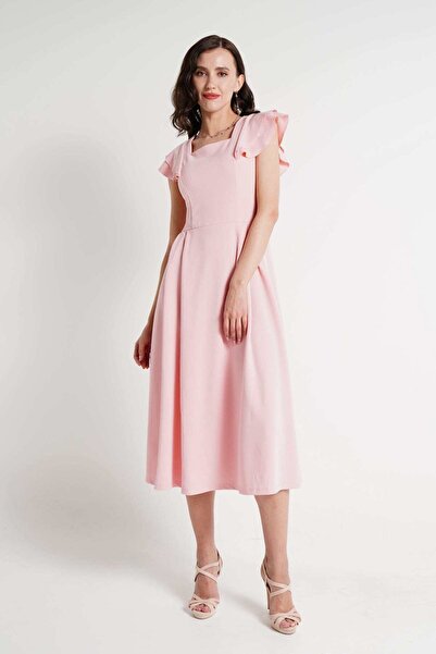 mica فستان ميدي بأكمام قصيرة وكشكشة أساسية