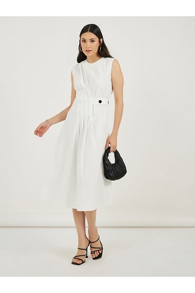 Styli Pleated Front Sleeveless A-Line Midi Dress