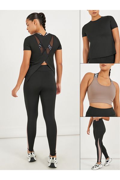 Styli Pack of 3 - Mesh Panel Detail Split Hem Top, Taping Detail Sports Bra & Leggings Set